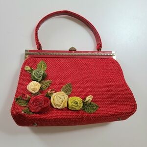 Vintage 1950s JR Florida red burlap purest with velvet roses
